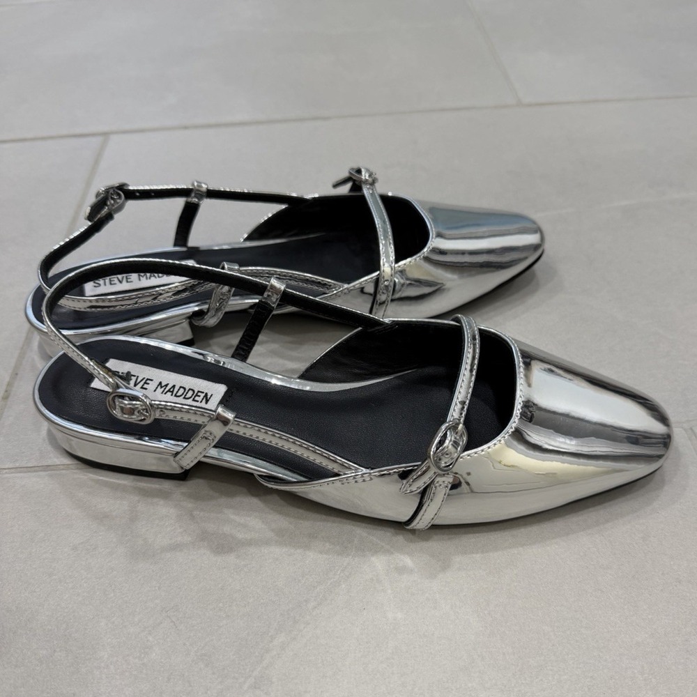 Steve Madden Women's Flats Bayli Strappy Silver Mary Jane Slingback Buckle 7.5
